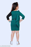 Green polyester midi dress for girls, self-design net pattern, three-quarter sleeves, stylish frill & sequin detail, lining, zipper, belt & flower accent, India origin