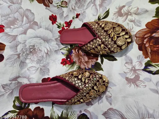 Maroon embroidered Rajasthani Mojari flat slip-ons, synthetic material, trending ethnic footwear for women and girls