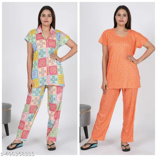 RILO Women's Cotton Blend Nightsuit Top & Pyjama Set with Pocket - Printed, soft, comfortable, attractive nightwear