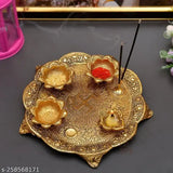 Gold-plated Pooja Thali set (1 piece) with 4 Diya, handcrafted metal artifact for home and office temples, dimensions: 10cm L x 10cm H x 5cm B