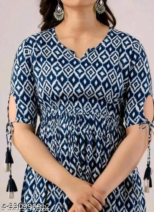 Cotton gouwan kurtis for women, three-quarter sleeve, printed combo. Women's geometric print viscose rayon Anarkali kurta (blue), short sleeves, printed net. Indian cotton apparel