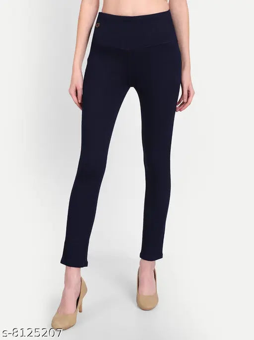 AngelFab Denim Broad belt Skinny Fit Stretchable High Waist Elastic Closer Ankle Length Solid Navyblue-Royalblue Jeggings for Women Pack Of 2