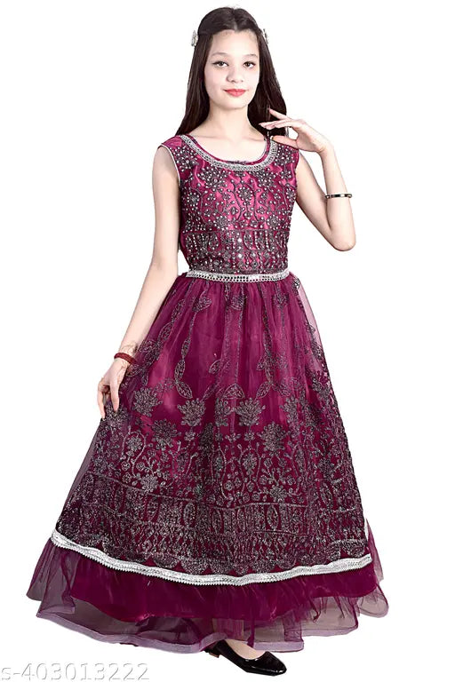 Embellished net party dress for girls (India), lightweight but lacks shiny material or sequins