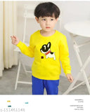 Blue and yellow polycotton kids sweatshirt pack with dog print for winter wear, featuring long sleeves and elastic rib neck. Fun, trendy, and stylish option for children aged 2 to 8 years. Perfect for chilly days. #kidssweatshirt #wintersweatshirts #trendykidsfashion #dogprintedsweatshirt #indianmadechildrenswear