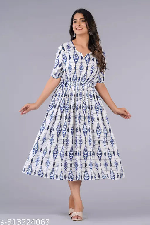 Womens blue and white patterned long kameez kurta with sleeves