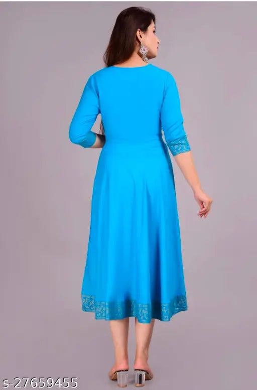 Gold border print kurta, blue material, long sleeve