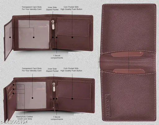 Brown textured PU leather bi-fold wallet for men, features 9 card slots, 2 transparent card slots, 2 cash compartments, 1 coin slot, side pocket snap button lock, and center zipper. Made in India