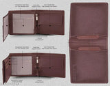 Brown textured PU leather bi-fold wallet for men, features 9 card slots, 2 transparent card slots, 2 cash compartments, 1 coin slot, side pocket snap button lock, and center zipper. Made in India