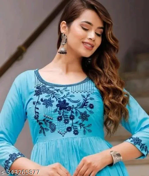 Blue rayon anarkali kurti with three-quarter sleeves and embroidery, women's traditional Indian wear