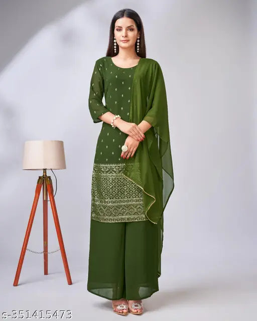 Green Georgette ShararaTinu Kurta with Dupatta and Palazzos, embroidered, three-quarter sleeves. Single size available in S, M, L, XL, XXL. Indian-made fashion wear on mannequin
