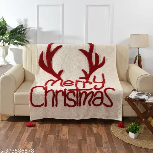 Merry Christmas soft throw blanket, handmade from 100% wool, tufted design, perfect for cozying up on the couch this holiday season
