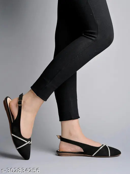 Black synthetic ballerina flats with rhinestone knot detail, comfortable for women & girls, sling back strap and pointed toe