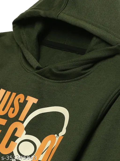 Olive Printed Hooded Cotton Fleece Sweatshirt for Boys