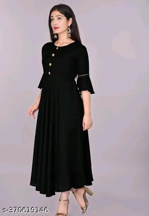 Black rayon bell sleeve kurti with solid pattern, three-quarter sleeves, hand wash or machine washable, ideal for casual or formal occasions