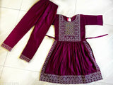 Modern classy rayon girls top & bottom set, embellished three-quarter sleeves clothing for kids on display rack, India origin