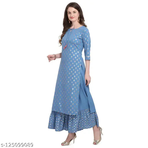 Printed polyester Kurta set with Palazzo bottomwear, three-quarter sleeves, mid slit design. Indian ethnic wear for women