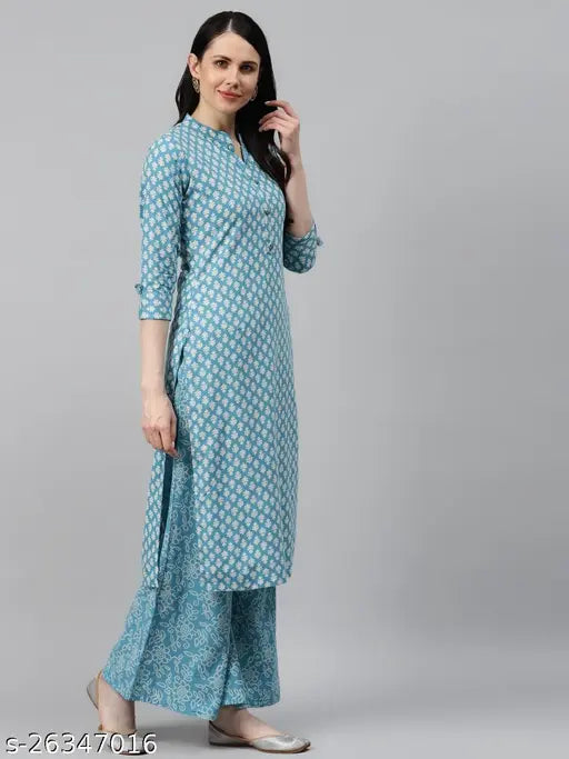 Sky blue cotton kurta palazzo set, printed calf length, straight fit in mandarin collar neck, regular sleeves style. Comfortable and stylish women's apparel from HIGHLIGHT FASHION EXPORT, India
