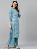 Sky blue cotton kurta palazzo set, printed calf length, straight fit in mandarin collar neck, regular sleeves style. Comfortable and stylish women's apparel from HIGHLIGHT FASHION EXPORT, India