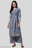 Beige floral print rayon kurta set with palazzos, V-neckline, three-quarter sleeves, front slit, and sequin accents - Indian Anarkali style fashion