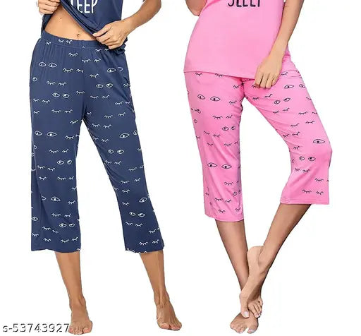 Pink cotton capris with printed patterns, designed for women's sleepwear