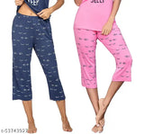 Pink cotton capris with printed patterns, designed for women's sleepwear