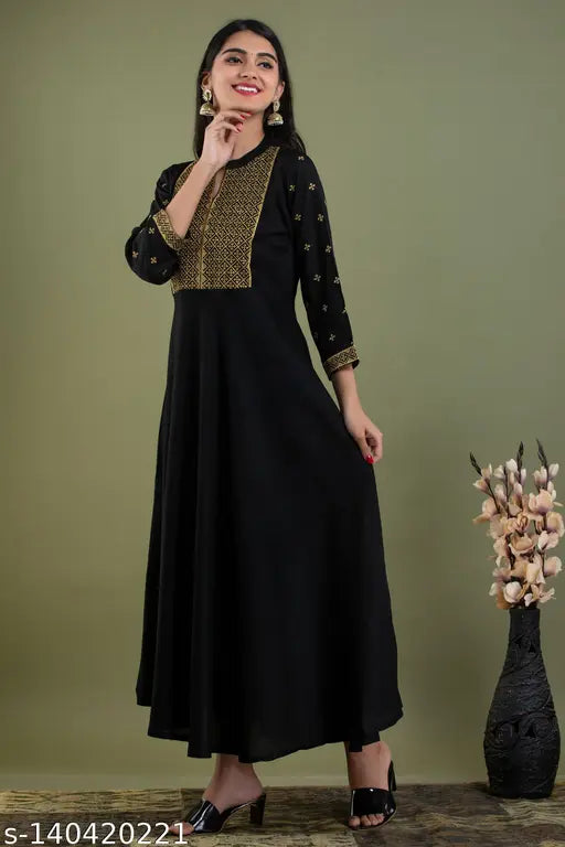 Black rayon Zari embroidered Anarkali kurti for women, solid combo, three-quarter sleeves, India-made fashionable clothing