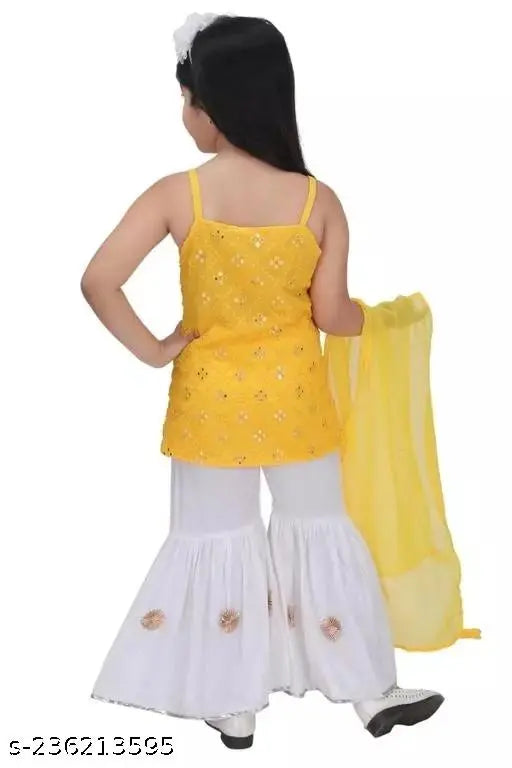 Navy blue Rayon embroidered palazzo kurta set with dupatta, sleeveless and belt design for girls (Sizes: 2-3 Years, 3-4 Years, 5-6 Years, 6-7 Years. Country of origin: India)