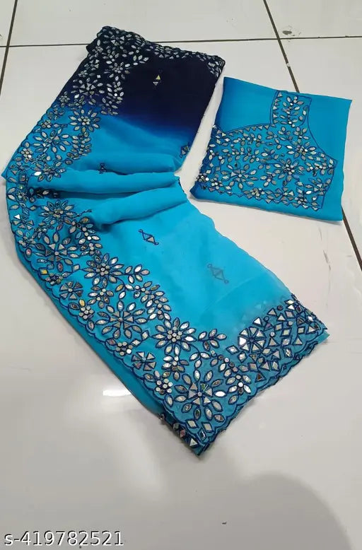 A beautiful georgette double shaded blue and white saree with a matching blouse