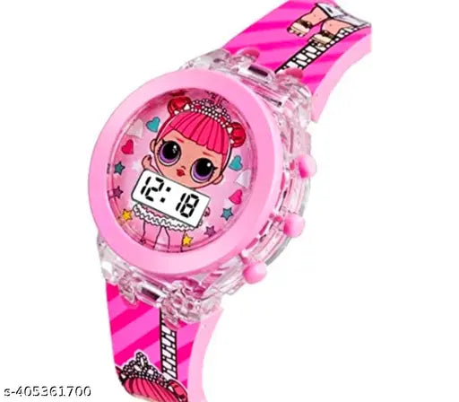 Pink, plastic watch with digital display and glittery disco light design