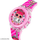 Pink, plastic watch with digital display and glittery disco light design