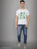 Printed white round neck polyester t-shirt, typography design on half sleeves, machine washable, size options available