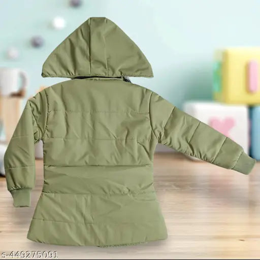 Olive green kids' winter coat with hood, maroon lining