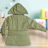 Olive green kids' winter coat with hood, maroon lining
