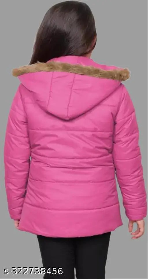 Pink puffer coat with a fur hood