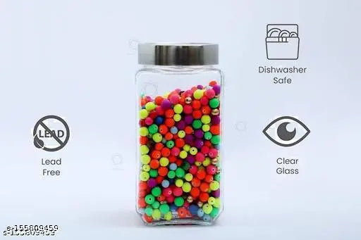 Clear glass jar with colorful beads, stainless steel lid, ideal for kitchen storage.