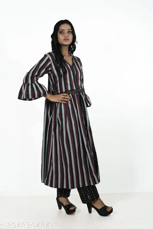 Cotton blend printed anarkali kurti with button closure, black and brown striped pattern