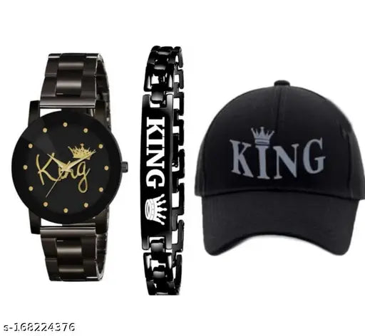 Stylish cotton King Analog watch, bracelet & cap combo pack of 3 for boys - India-made solid accessories