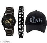 Stylish cotton King Analog watch, bracelet & cap combo pack of 3 for boys - India-made solid accessories