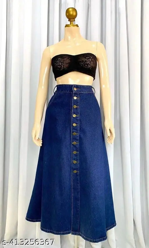 Navy Blue A-Line Maxi Denim Skirt - Lightweight, breathable, trendy denim skirt for women, perfect fit and durable materials. Available in sizes 26-46 (waist 26"-56"). Made in India
