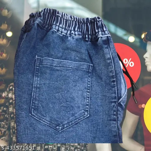 Blue denim jogger pants with cuffed ankles