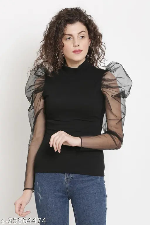 Women's long-sleeve solid Lycra tops (S: bust 34in, length 24in), M: bust 36in, length 24in), L: bust 38in, length 24in), made in India