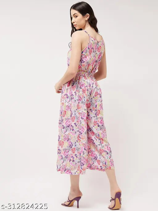 Multicolor Pannkh women's digital printed floral strappy jumpsuit, sleeveless polyester outfit with vibrant artwork, suitable for casual occasions, Made in India