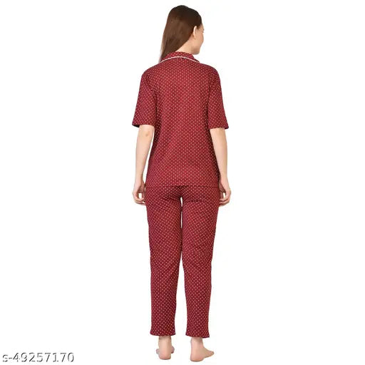 Maroon polka dot nylon hosiery top and pajama night suit, vibrant and soft fabric for festive wear or casual collection