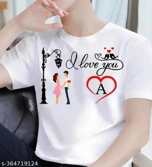 White polyester men's alphabet t-shirt with 'I LOVE YOU' design, short sleeves, printed heart tree love never ends