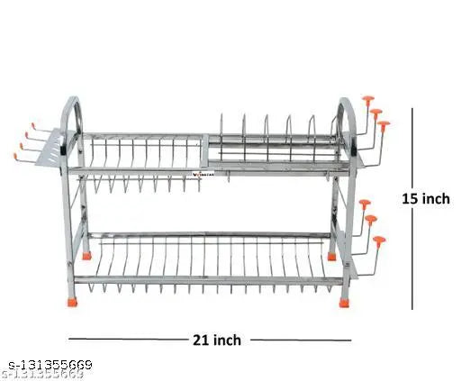 Modular stainless steel kitchen storage rack with two shelves, dish rack included, wall mount design