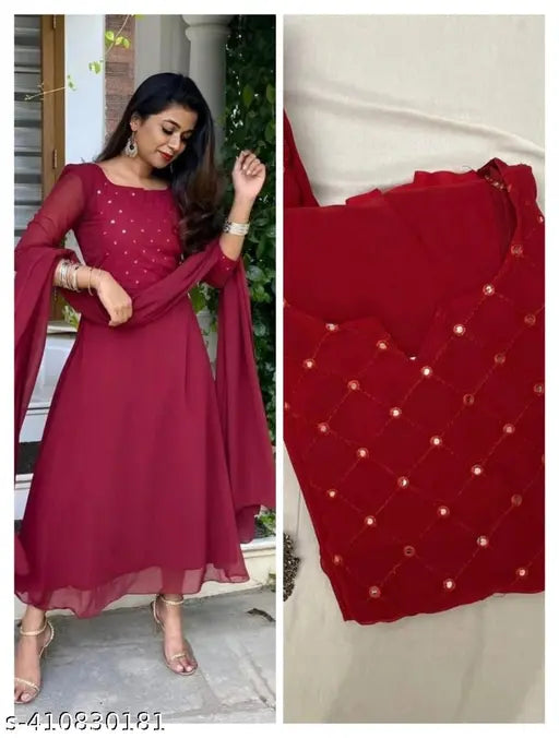 Maroon Georgette Embellished Gown with Mirror Work, heavy fox fabric, three-quarter sleeves