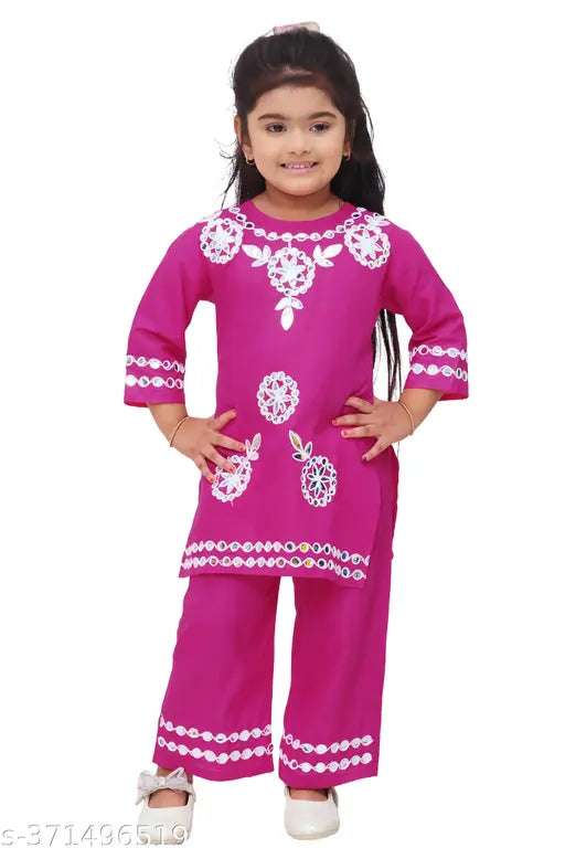 Embroidered rayon kids girls kurta & pyjama set, three-quarter sleeves, 2-10 years sizes available