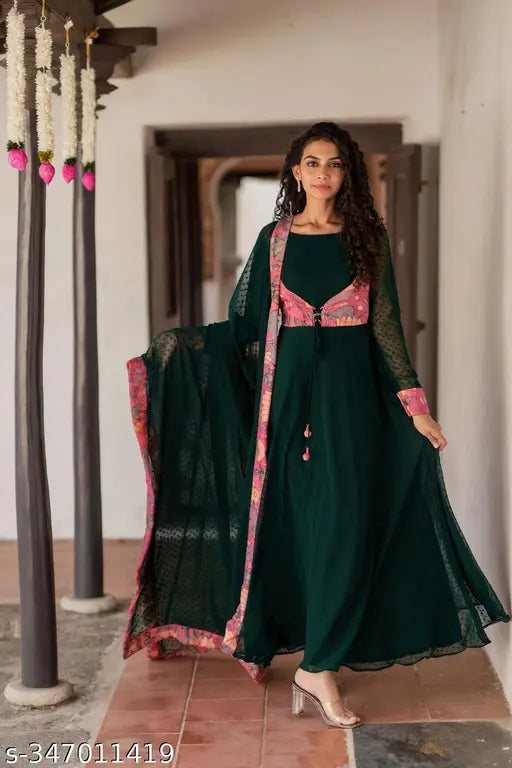 Indian Diwali festival special, georgette gown with removable koti & dupatta (M-XXL), solid pattern, soft georgette dress lining, 52"+ dupatta length