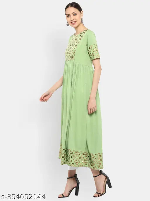 Light green poly crepe flared kurta, gold print on women's three-quarter sleeve, Indian ethnic wear - XS (34in bust, 54in length)