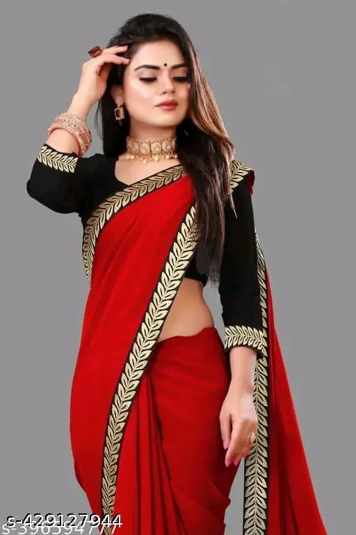 Red Vichitra silk saree and stitched blouse, traditional Indian attire with solid pattern on display